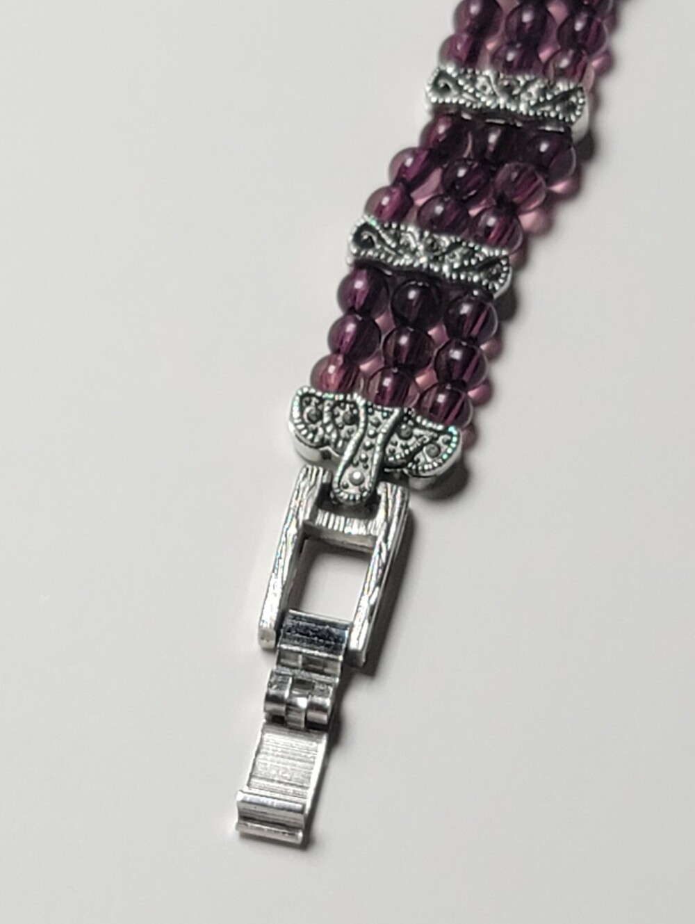 Vintage Triple Strand Garnet Glass Beads, Faux Marcasite, Silvertone Bracelet